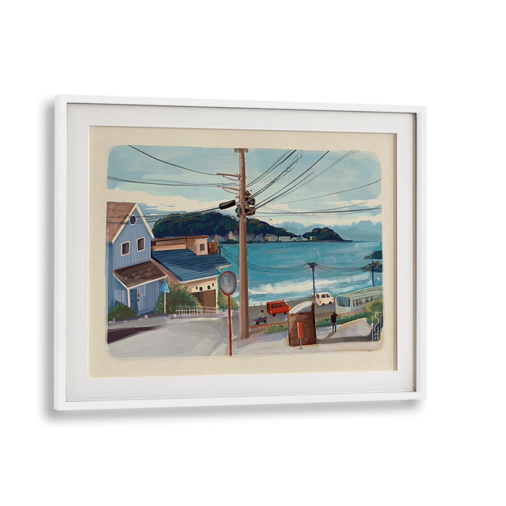 Beautifully framed Japan City Travel Posters showcasing vibrant coastal scenery, perfect for home decor enthusiasts.