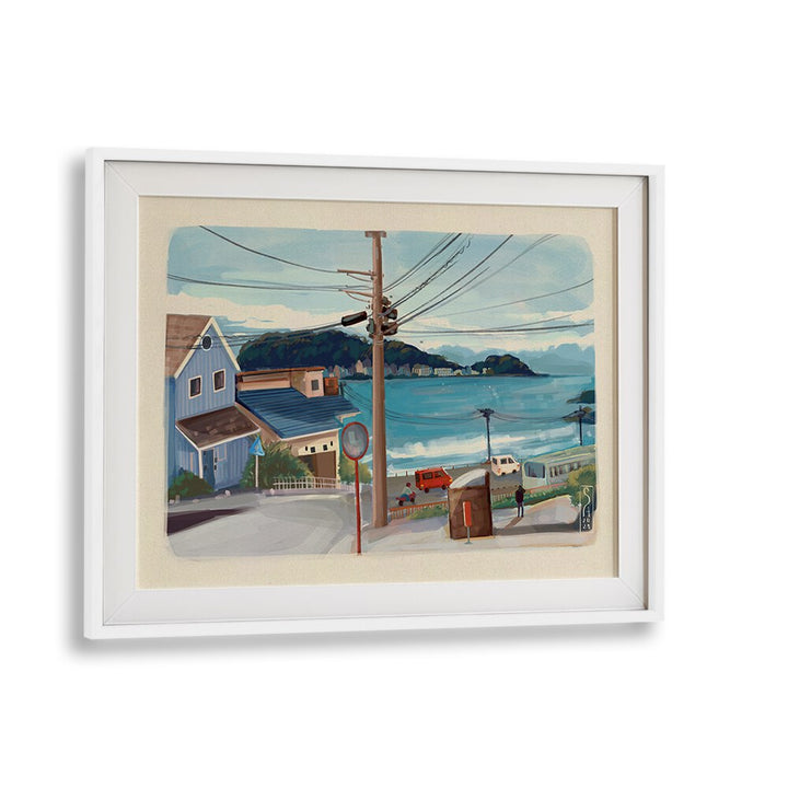 Beautifully framed Japan City Travel Posters showcasing vibrant coastal scenery, perfect for home decor enthusiasts.