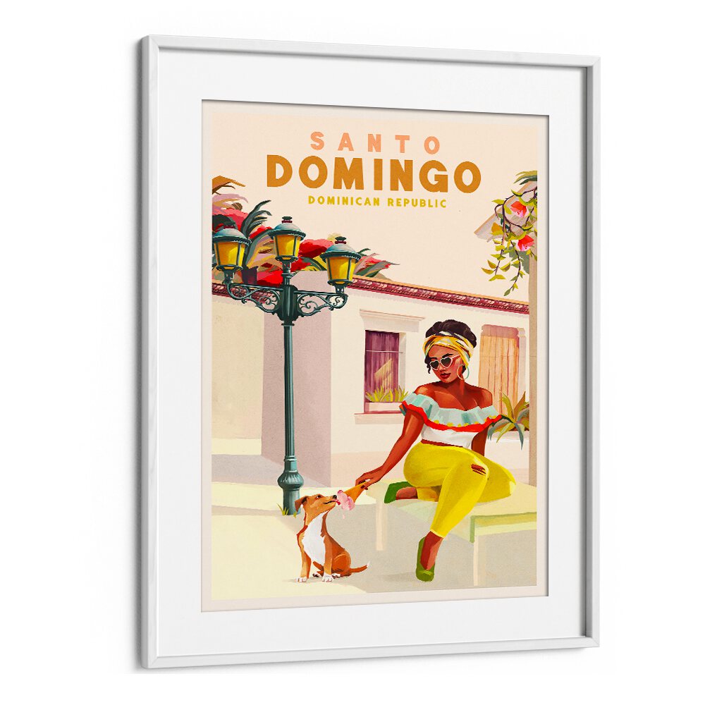Vibrant SANTO DOMINGO, TRAVEL POSTERS featuring a woman and dog, celebrating Dominican Republic culture.