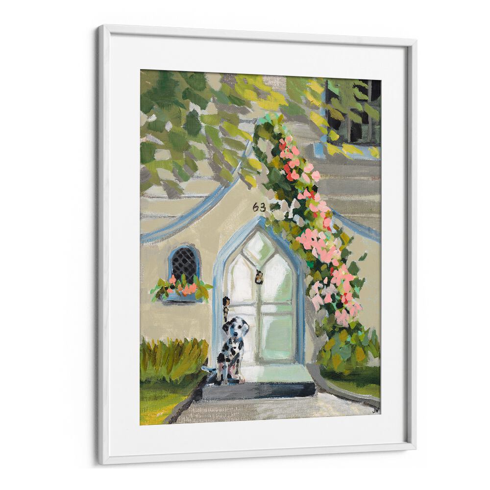 Elegant WHITE DOOR, FLORAL FLOWER PAINTINGS adorn a charming entrance, enhancing your space with vibrant nature art.