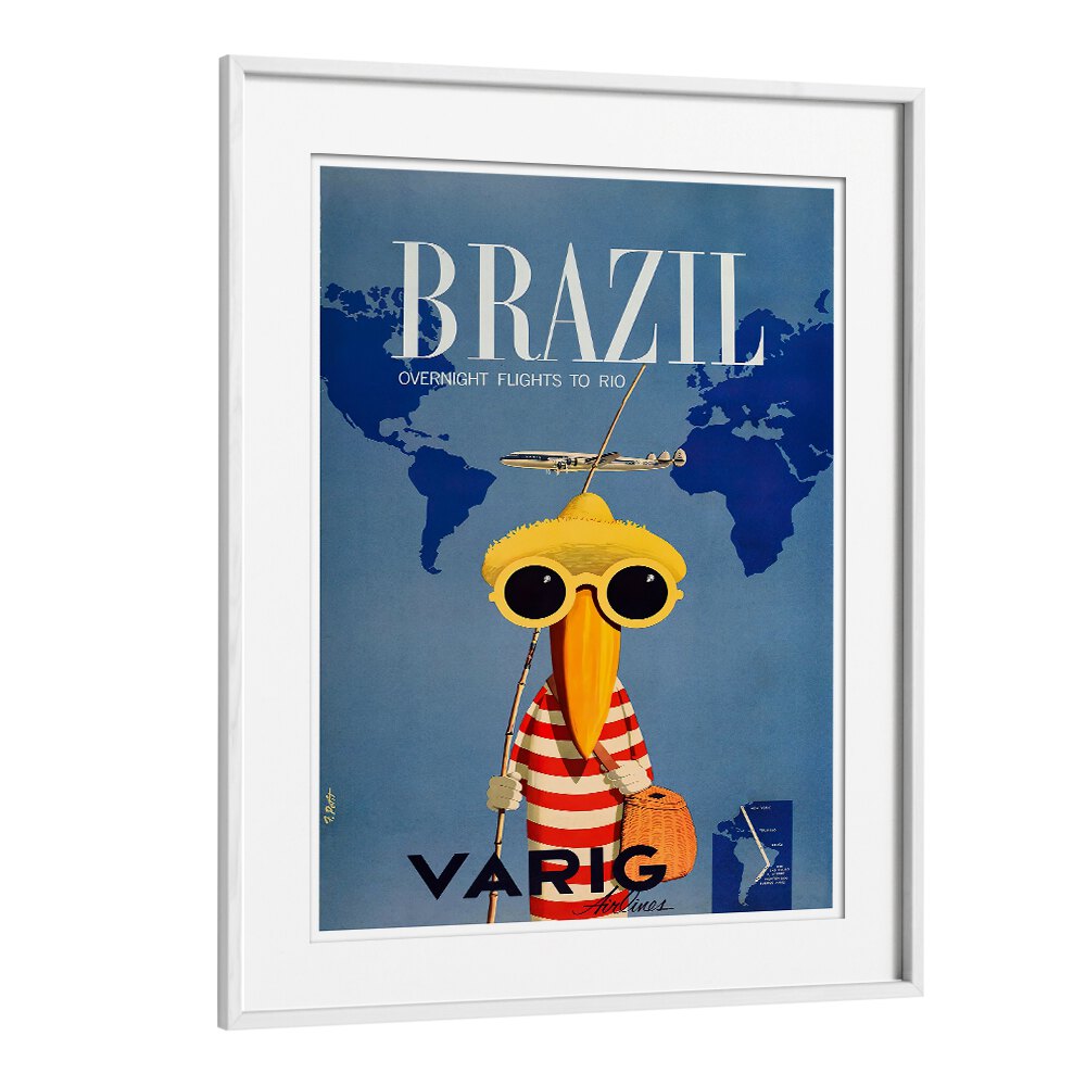 Bright and colorful BRAZIL I, VINTAGE TRAVEL POSTERS featuring a whimsical character and iconic travel theme.