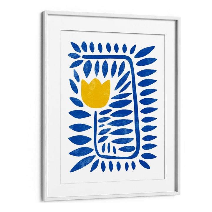 Bright yellow tulip amidst blue foliage in YELLOW TULIP HARMONY, FLORAL FLOWER PAINTINGS, perfect for any space.