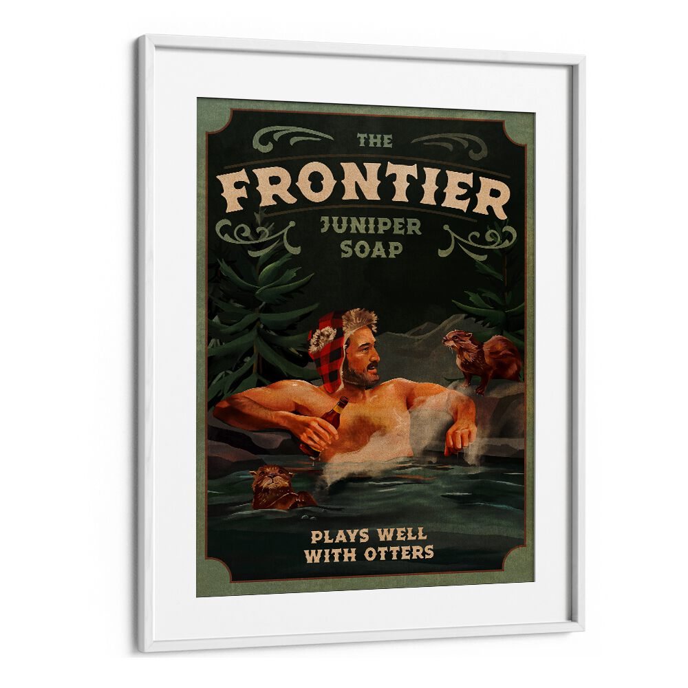 FRONTIER MAN WITH OTTERS, BAR artwork showcasing outdoor adventure spirit, perfect for your cafe or bar decor.