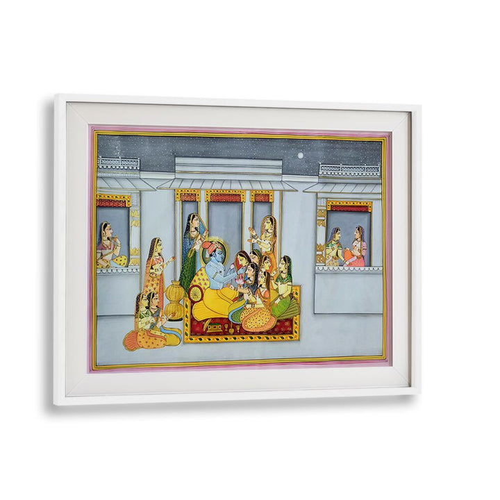 Exquisite KRISHNA WITH GOPIKA'S, INDIAN ART PAINTINGS showcasing Lord Krishna surrounded by Gopikas, perfect for decor.