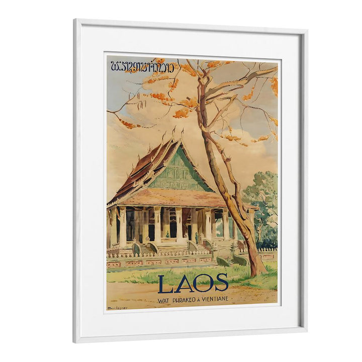 Stunning LAOS I, VINTAGE TRAVEL POSTERS showcasing the beautiful Wat Phra Keo in Vientiane, perfect for decor.
