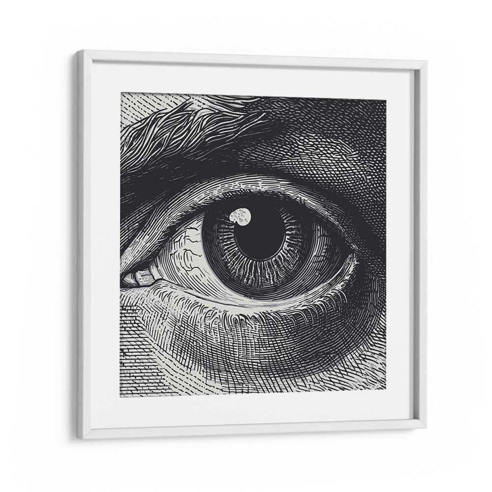 Elevate your space with BENJI, SURREAL ART PRINTS, showcasing intricate eye details in a stylish frame.