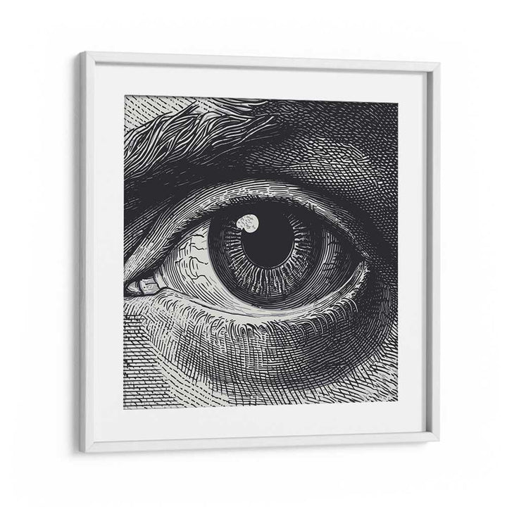 Elevate your space with BENJI, SURREAL ART PRINTS, showcasing intricate eye details in a stylish frame.