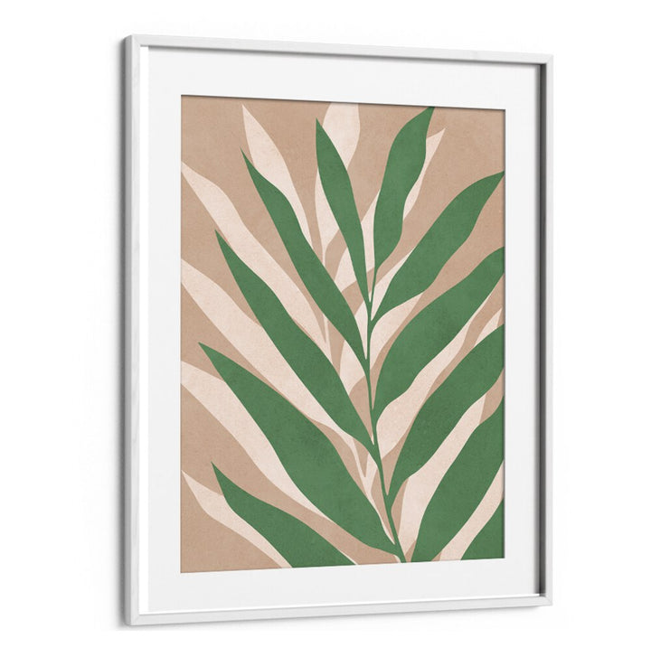 Vibrant green leaves on a beige background highlight TROPICAL I, BOHO ART PAINTINGS for a touch of paradise.