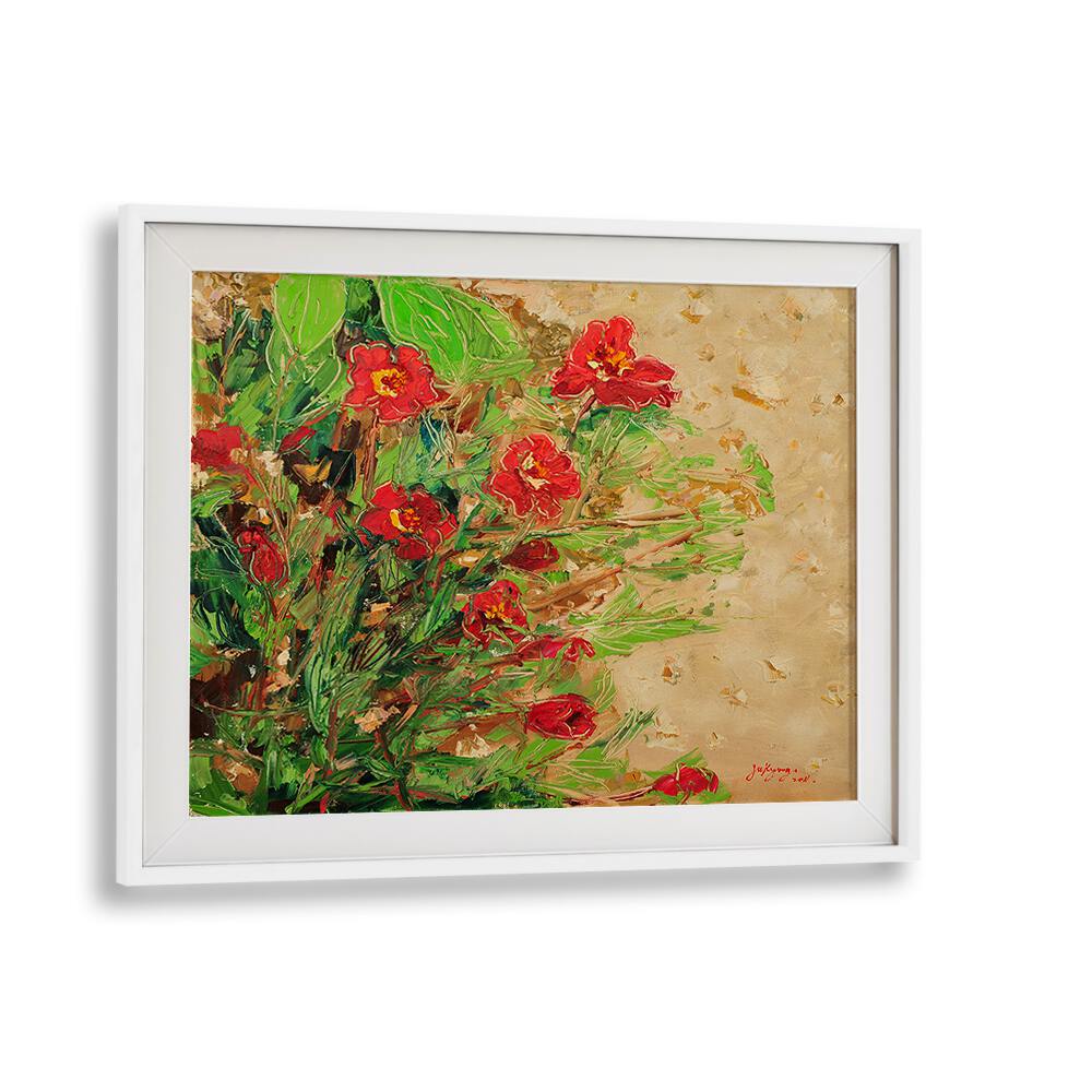 Vibrant MARIGOLD CANVAS III, FLORAL FLOWER PAINTINGS showcasing red flowers against a textured background. Perfect for decor.