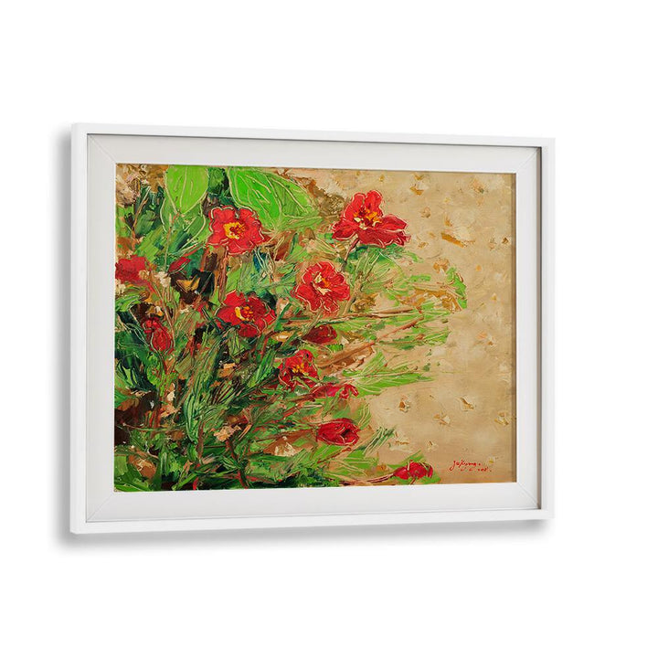 Vibrant MARIGOLD CANVAS III, FLORAL FLOWER PAINTINGS showcasing red flowers against a textured background. Perfect for decor.