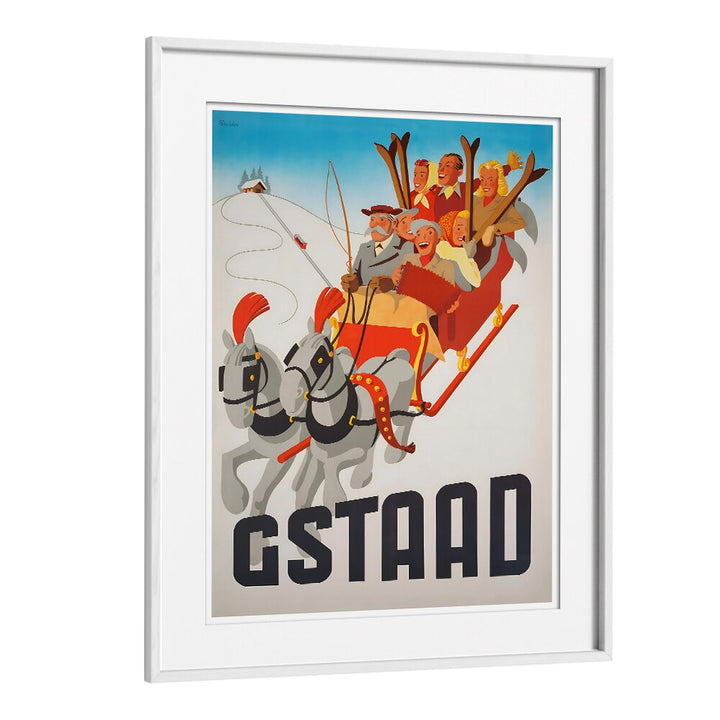 GSTAAD Vintage Travel Posters showcase a joyful sleigh ride through the Swiss Alps, adding charm to any home decor.
