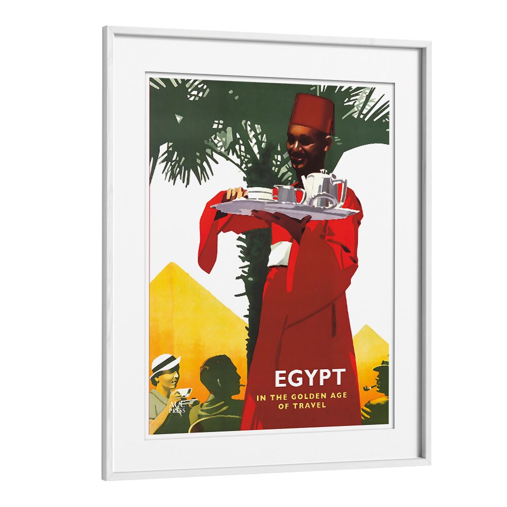 Egypt Vintage Travel Posters display a vibrant scene of culture and history, featuring a server with pyramids in the background.