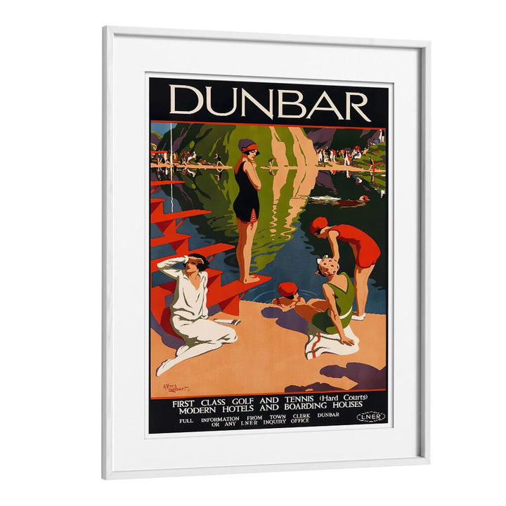 DUNBAR, VINTAGE TRAVEL POSTERS featuring vibrant art of classic leisure activities by the water, perfect for decor.
