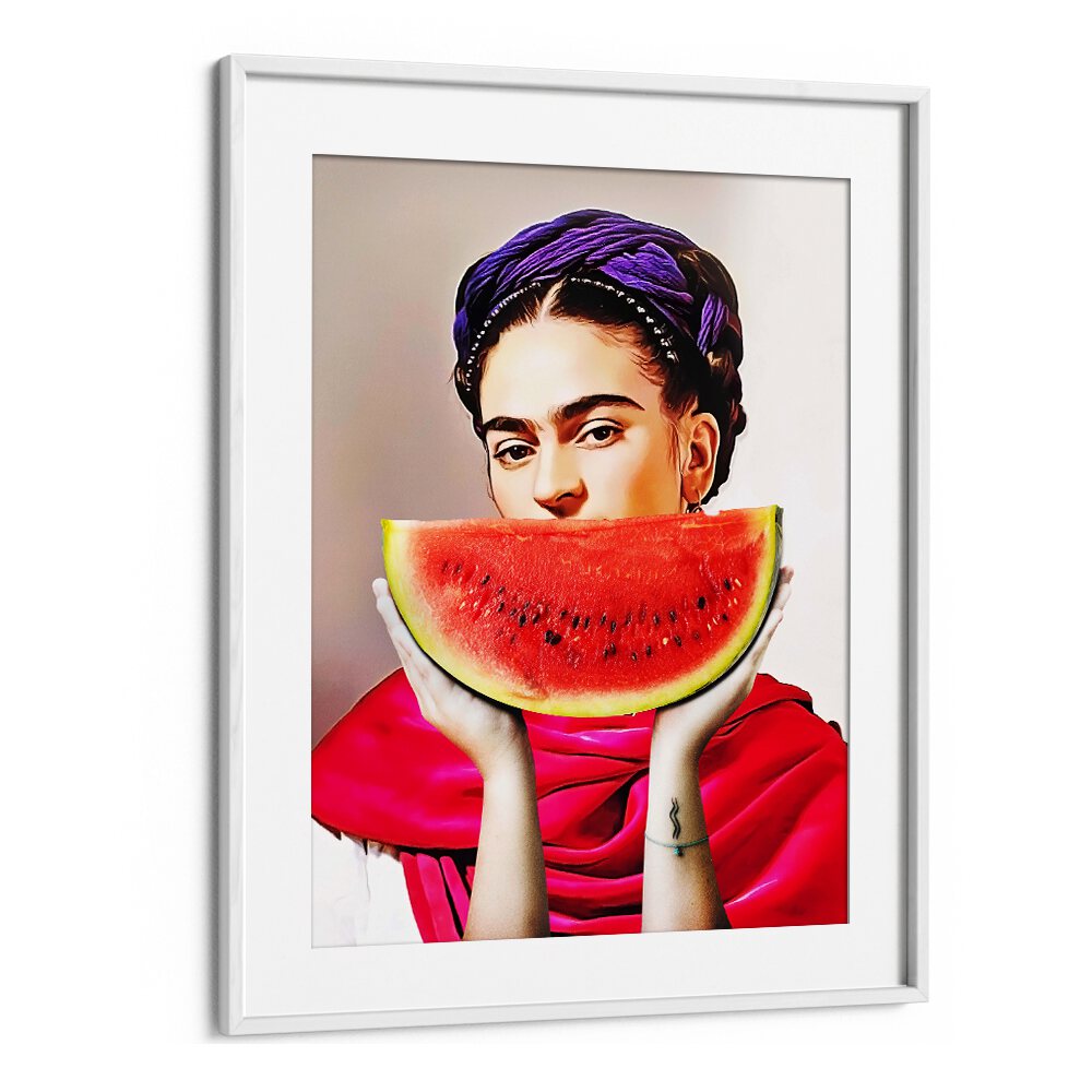Colorful Watermelon Frida altered art print by Dikhotomy showcases vibrant culture and creativity. Perfect for any space!