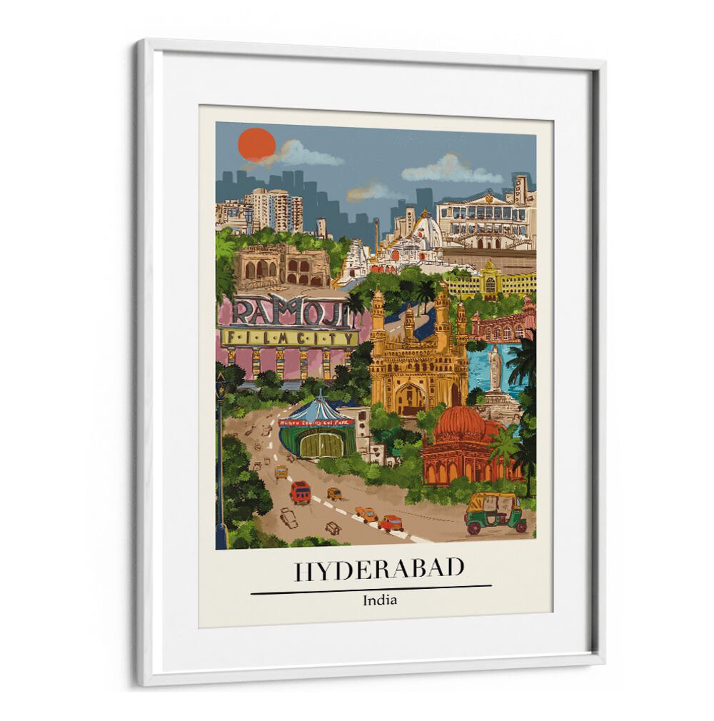 Vibrant HYDERABAD, TRAVEL POSTERS by Saumya Agarwal showcase the city's rich culture and iconic landmarks.