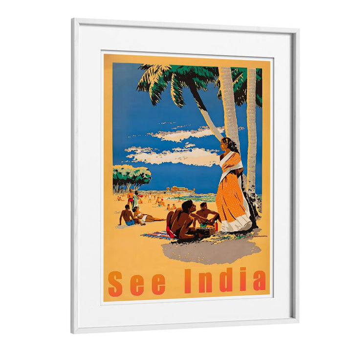 Vibrant SEE INDIA, VINTAGE TRAVEL POSTERS showcasing rich culture and beach scenes, ideal for home decor.