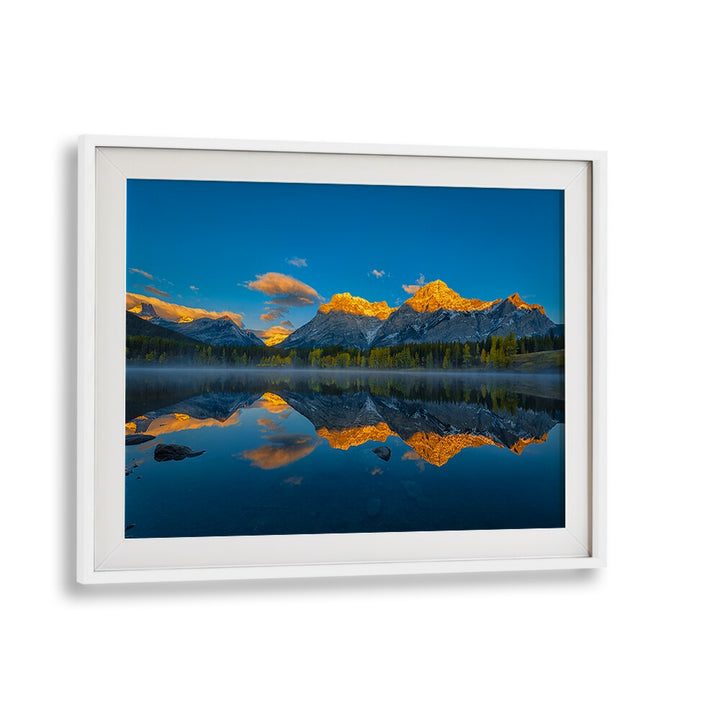 Stunning reflection of mountains at dawn in A PERFECT MORNING IN CANADIAN ROCKIES, PHOTOGRAPHY PRINTS. Transform your space!