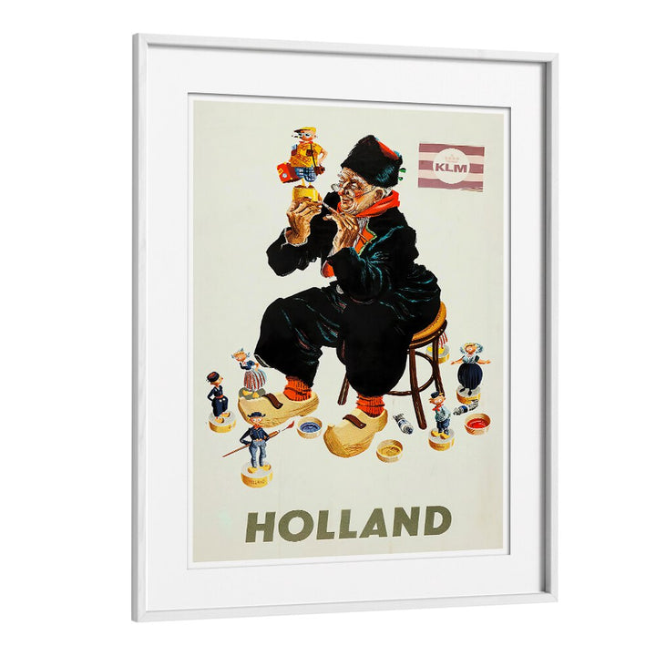 Celebrate the charm of Holland with HOLLAND II, VINTAGE TRAVEL POSTERS featuring a whimsical character and vibrant colors.