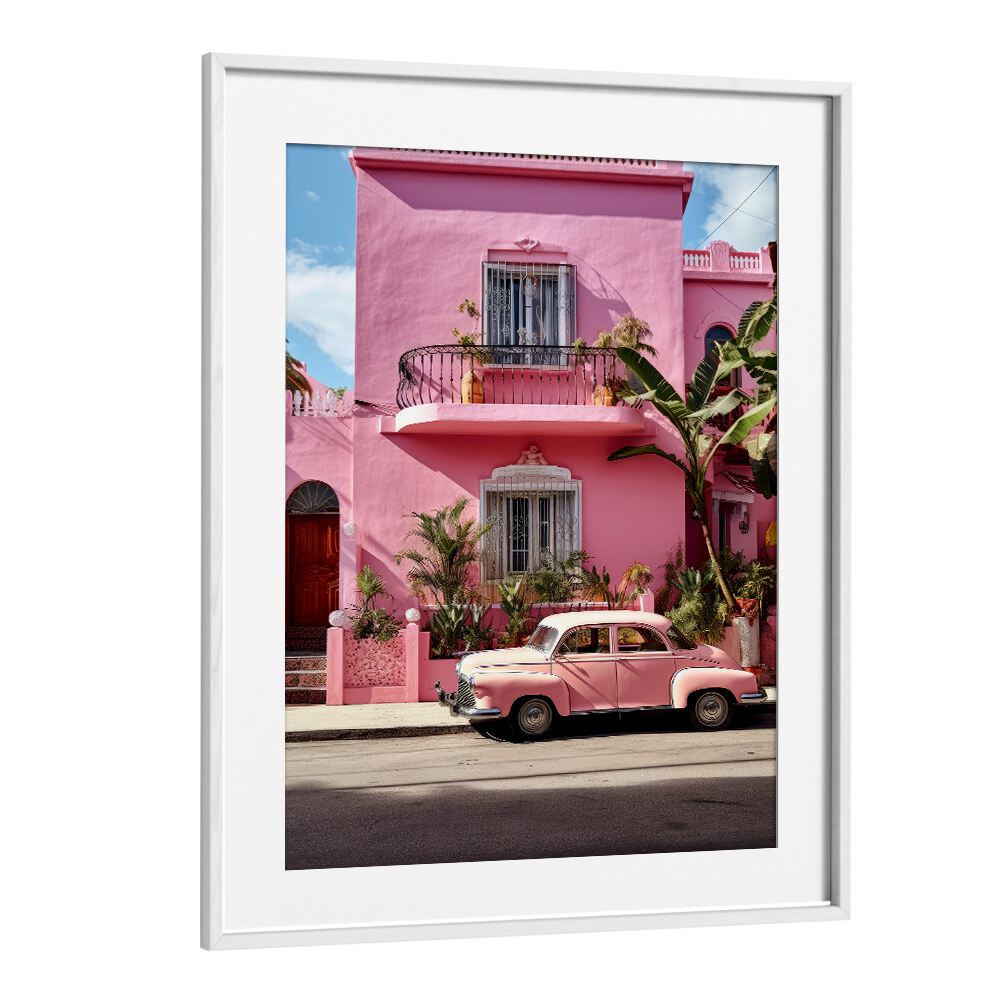Vibrant MEXICAN LIFE VII, CAR POSTERS featuring a classic pink car and colorful architecture, perfect for any space.