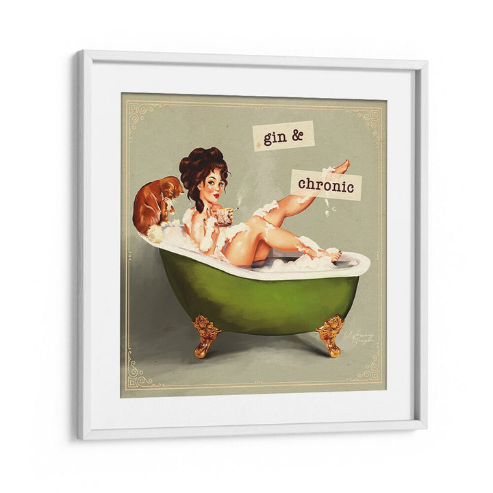 Elegant woman in a bathtub with bubbles and a cat, showcasing GIN AND CHRONIC, PORTRAITS artistic charm.