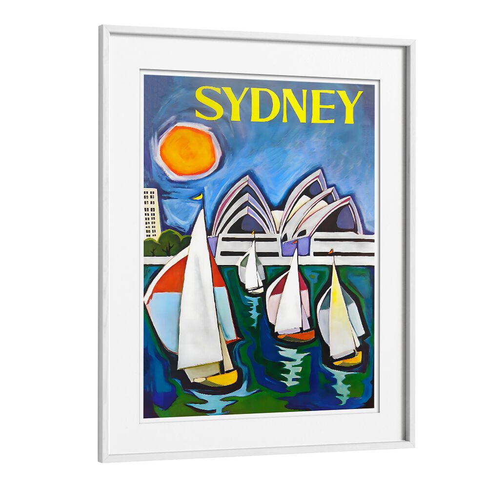 Colorful SYDNEY, VINTAGE TRAVEL POSTERS featuring sailboats and the iconic Opera House, perfect for home decor.