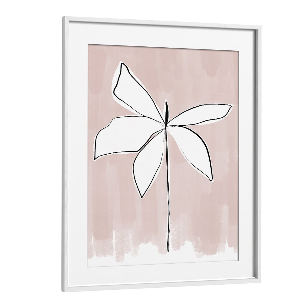 PETAL WHISPERS , FLORAL FLOWER PAINTINGS minimalist white line flower on blush background framed wall art
