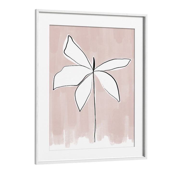 PETAL WHISPERS , FLORAL FLOWER PAINTINGS minimalist white line flower on blush background framed wall art