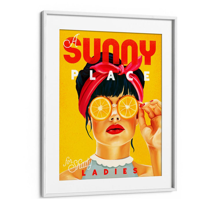 Vintage orange pinup art titled "A SUNNY PLACE, BAR" celebrates playful elegance for your decor.