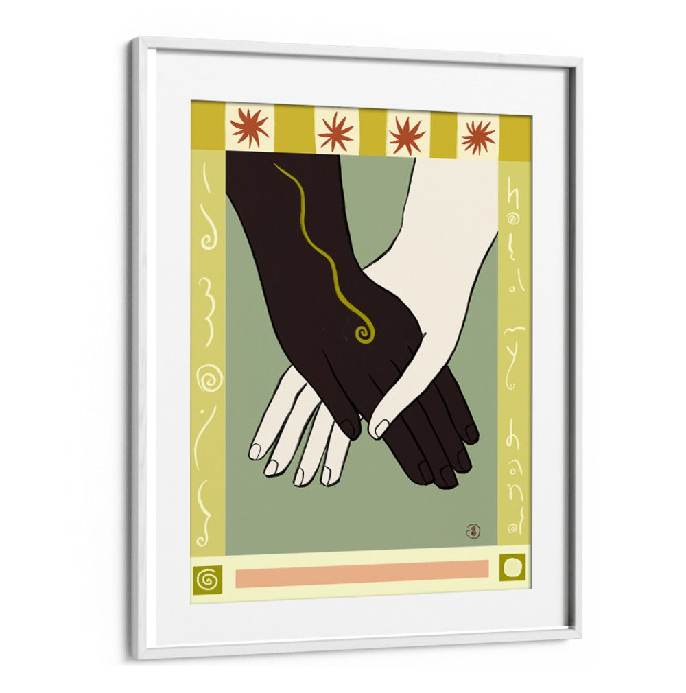 Colorful art piece "HOLDING HANDS II, VIBRANT" showcasing connection, perfect for any living space or office decor.