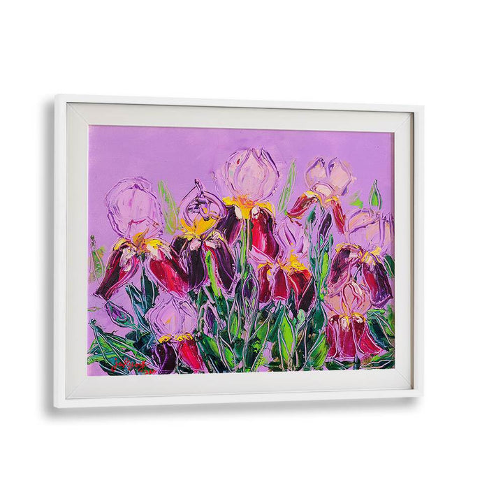 Vibrant LRISOIL ON CANVAS, FLORAL FLOWER PAINTINGS featuring bold irises against a soft purple background.