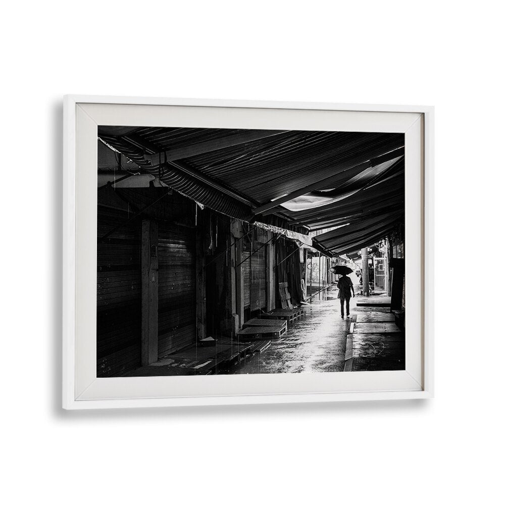 Rainy street scene captured in black and white, perfect for RAINY, PHOTOGRAPHY PRINTS enthusiasts.