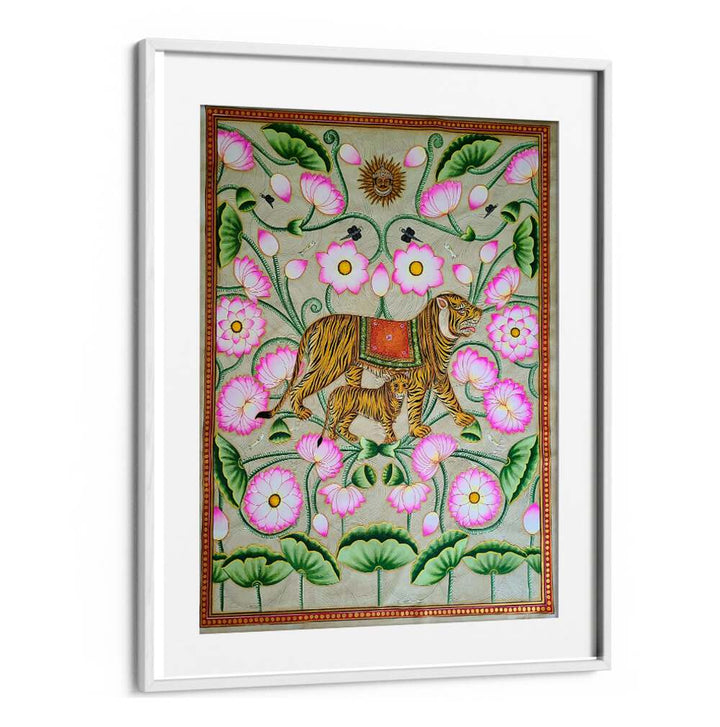 TIGRESS WITH CUB, INDIAN ART PAINTINGS showcase a nurturing tigress surrounded by vibrant floral designs.