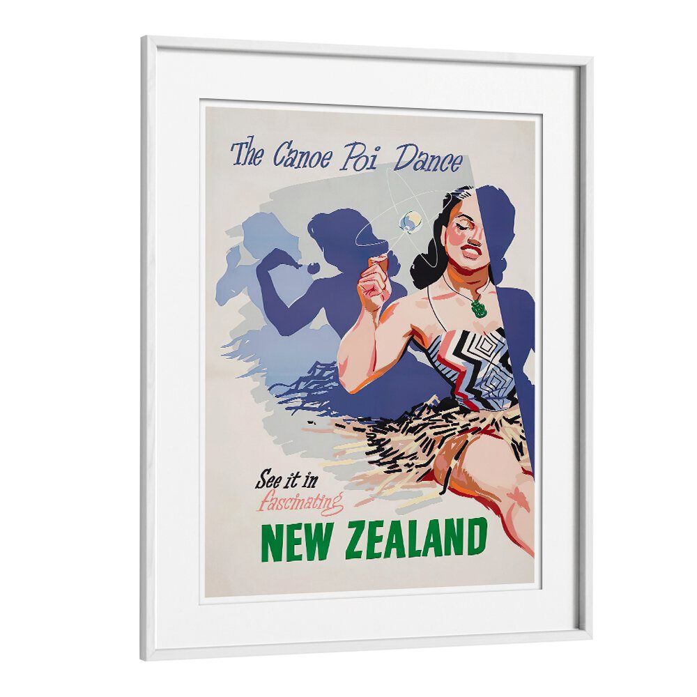 Celebrate New Zealand's culture with NEW ZEALAND III, VINTAGE TRAVEL POSTERS showcasing the Canoe Poi Dance.
