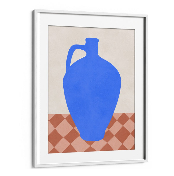 Vibrant blue vase on a patterned surface, showcasing TRIBAL SHAPES VII , GEOMETRIC ART PRINTS for modern decor.
