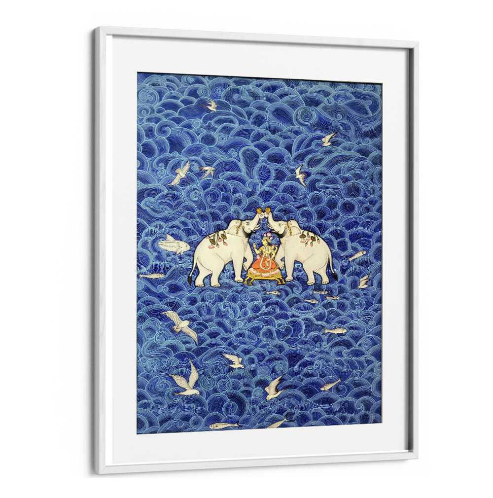 Exquisite SHRI LAXMI, INDIAN ART PAINTINGS featuring elephants against a vibrant blue background, perfect for decor.