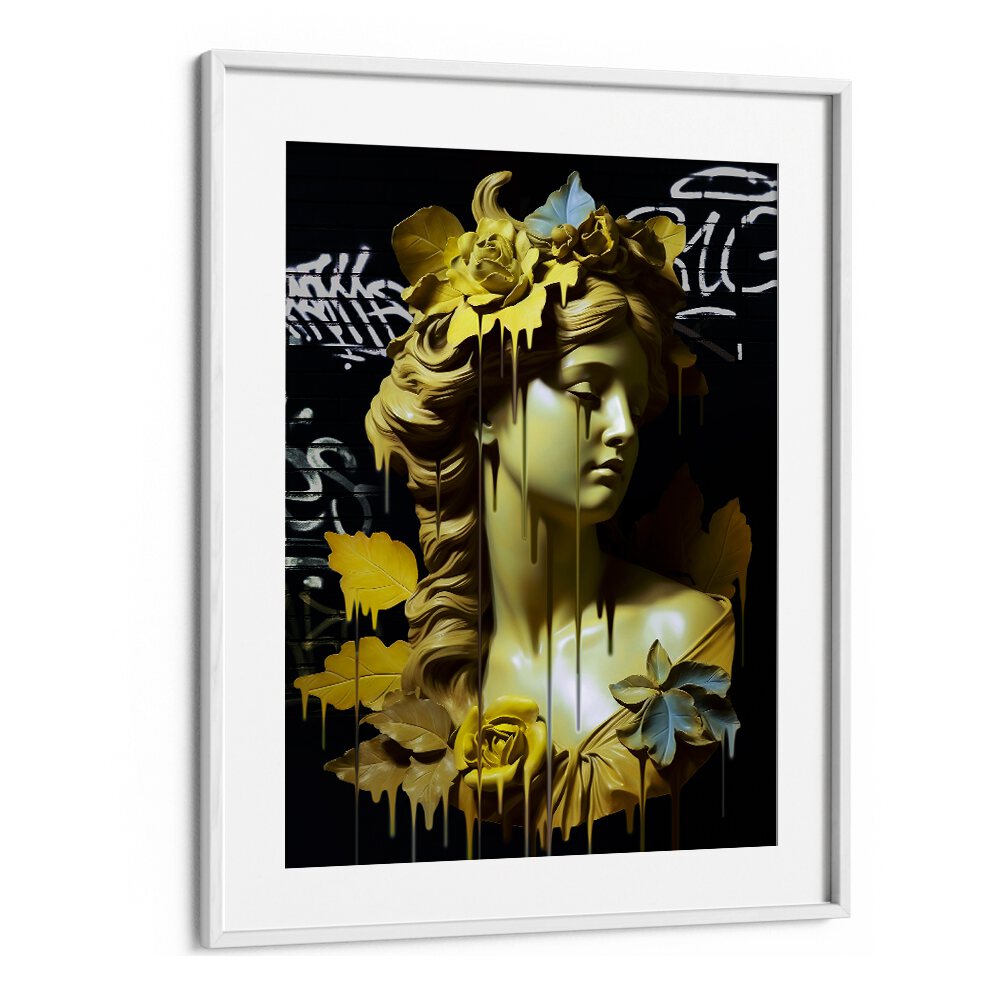 VANDAL HELENA, ALTERED ART PRINTS by DIKHOTOMY features a striking yellow sculpture with bold graffiti.