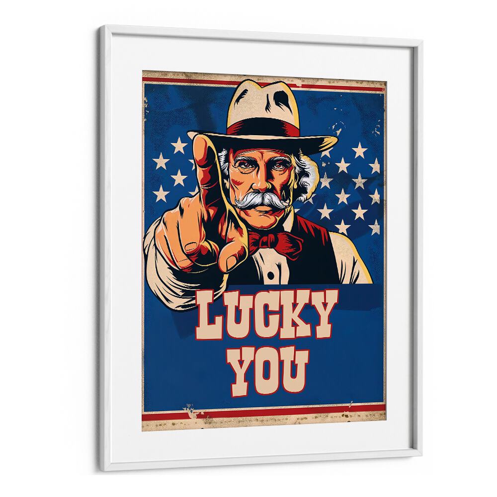 Bold artwork featuring "LUCKY YOU, COWBOY" with a vintage design, perfect for uplifting modern Americana decor.