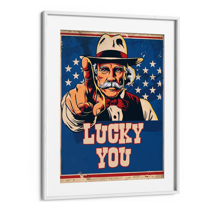 Bold artwork featuring "LUCKY YOU, COWBOY" with a vintage design, perfect for uplifting modern Americana decor.