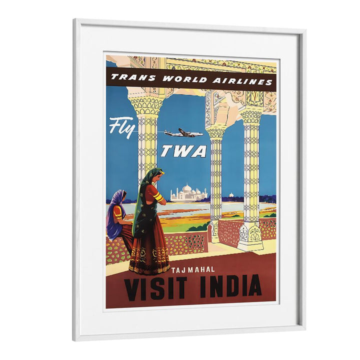 Colorful vintage travel poster featuring the Taj Mahal, promoting "VISIT TAJ MAHAL, VINTAGE TRAVEL POSTERS" for decor.