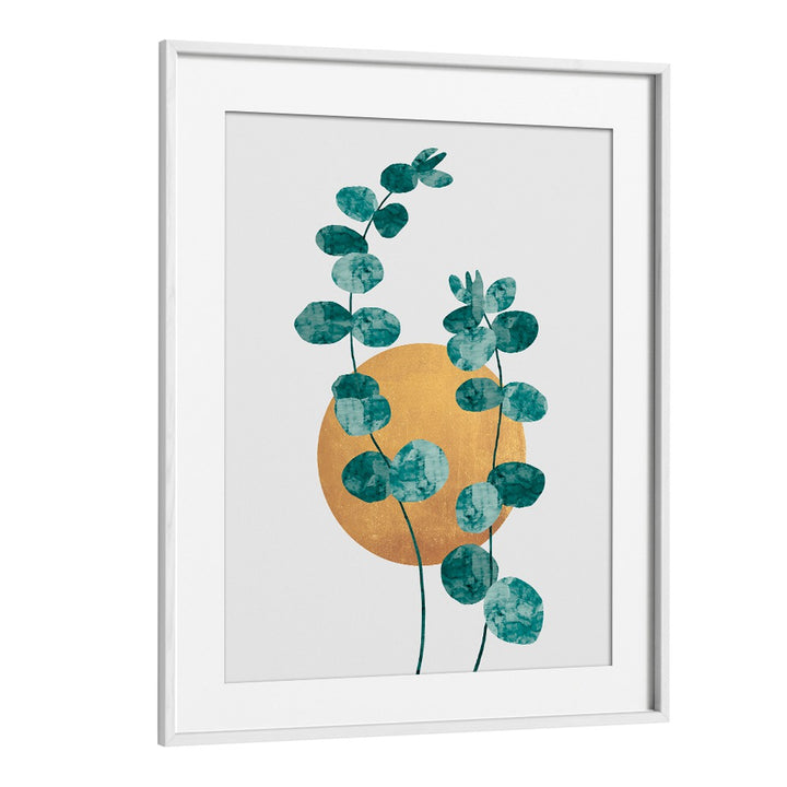 Watercolor LEAVES III, FLORAL FLOWER PAINTINGS showcasing vibrant leaves and a golden circle, perfect for home decor.