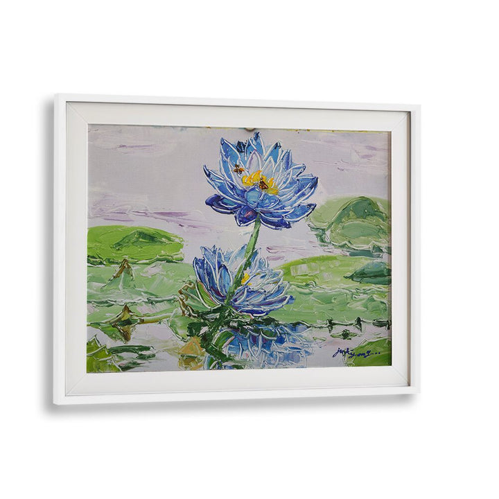 Stunning LOTUS FLOWER CANVAS, FLORAL FLOWER PAINTINGS showcasing blue lotus blooms on serene water. Perfect for decor.
