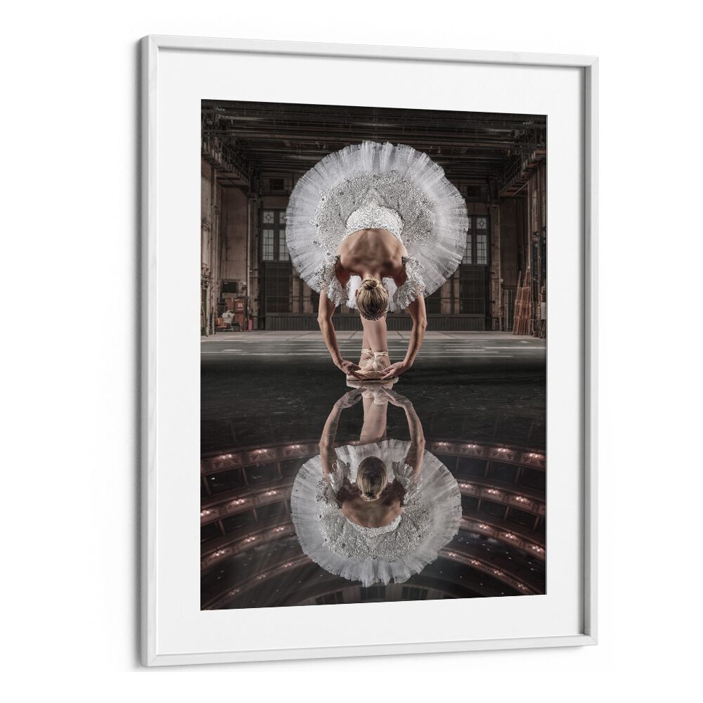 Elegant ballerina on stage, reflecting her grace in a surreal setting. Perfect for BALLERINA STAGE, PHOTOGRAPHY PRINTS.