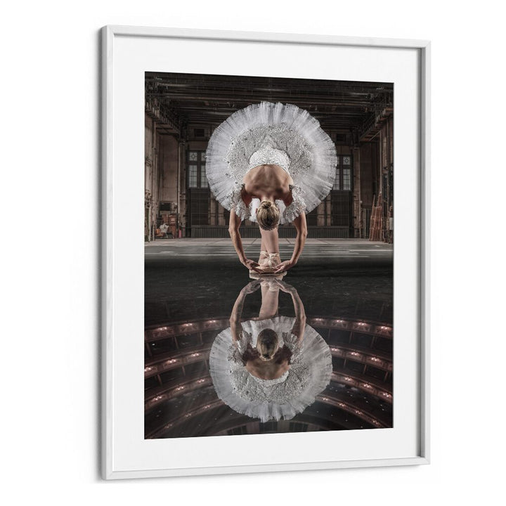 Elegant ballerina on stage, reflecting her grace in a surreal setting. Perfect for BALLERINA STAGE, PHOTOGRAPHY PRINTS.