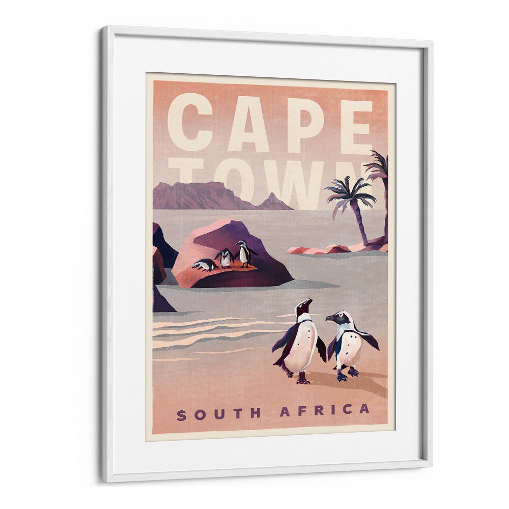 Vintage travel poster featuring Cape Town, South Africa, showcasing penguins and scenic beauty. Ideal for art lovers.