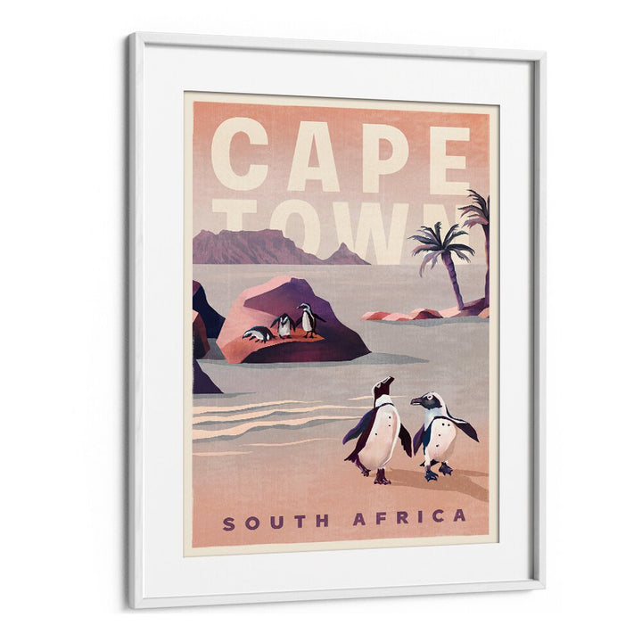 Vintage travel poster featuring Cape Town, South Africa, showcasing penguins and scenic beauty. Ideal for art lovers.