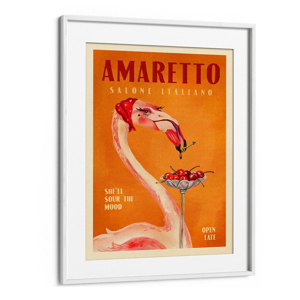 Vibrant Amaretto Flamingo Bar art, capturing Italian café charm for your living space. Perfect for decor enthusiasts.