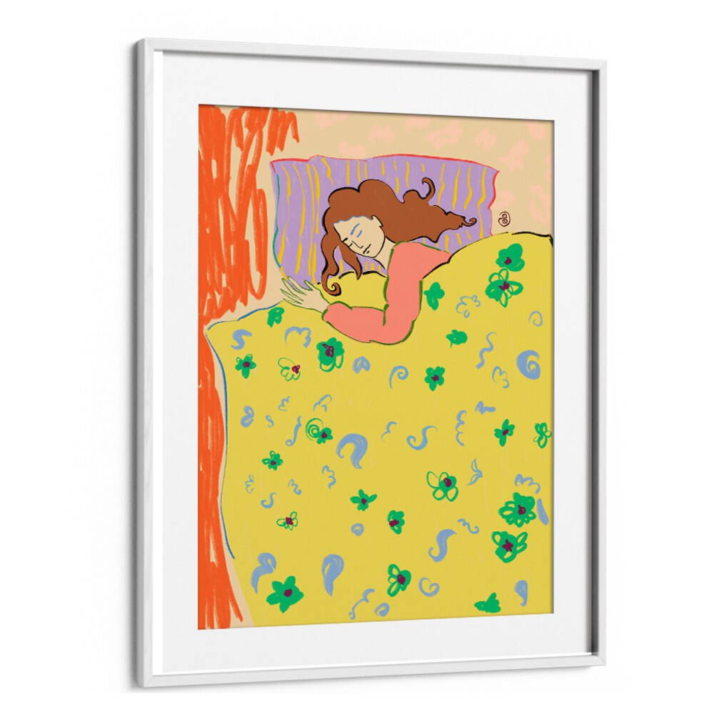 Colorful art print featuring a serene scene of SLEEPING IN, VIBRANT, perfect for energizing any space.