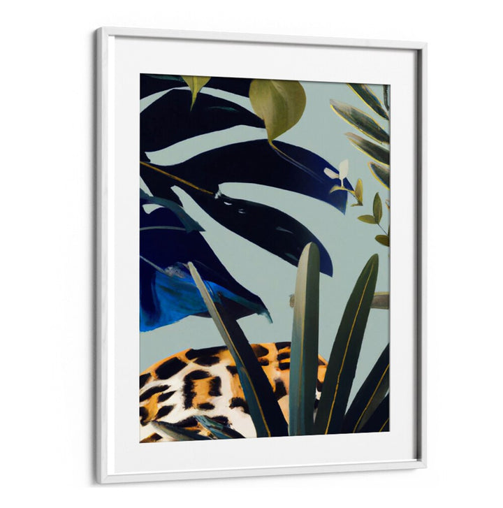 HIDDEN LEOPARD , FLORAL FLOWER PAINTINGS showcasing a hidden leopard among vibrant tropical leaves and flowers by Whitemount.