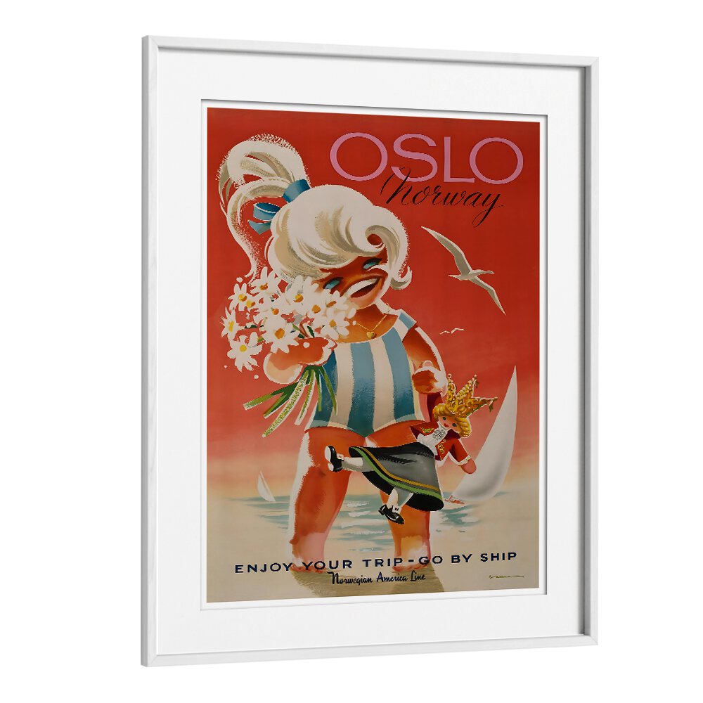 Cheerful OSLO, VINTAGE TRAVEL POSTERS art piece showcasing Norway's charm, perfect for travel enthusiasts' decor.