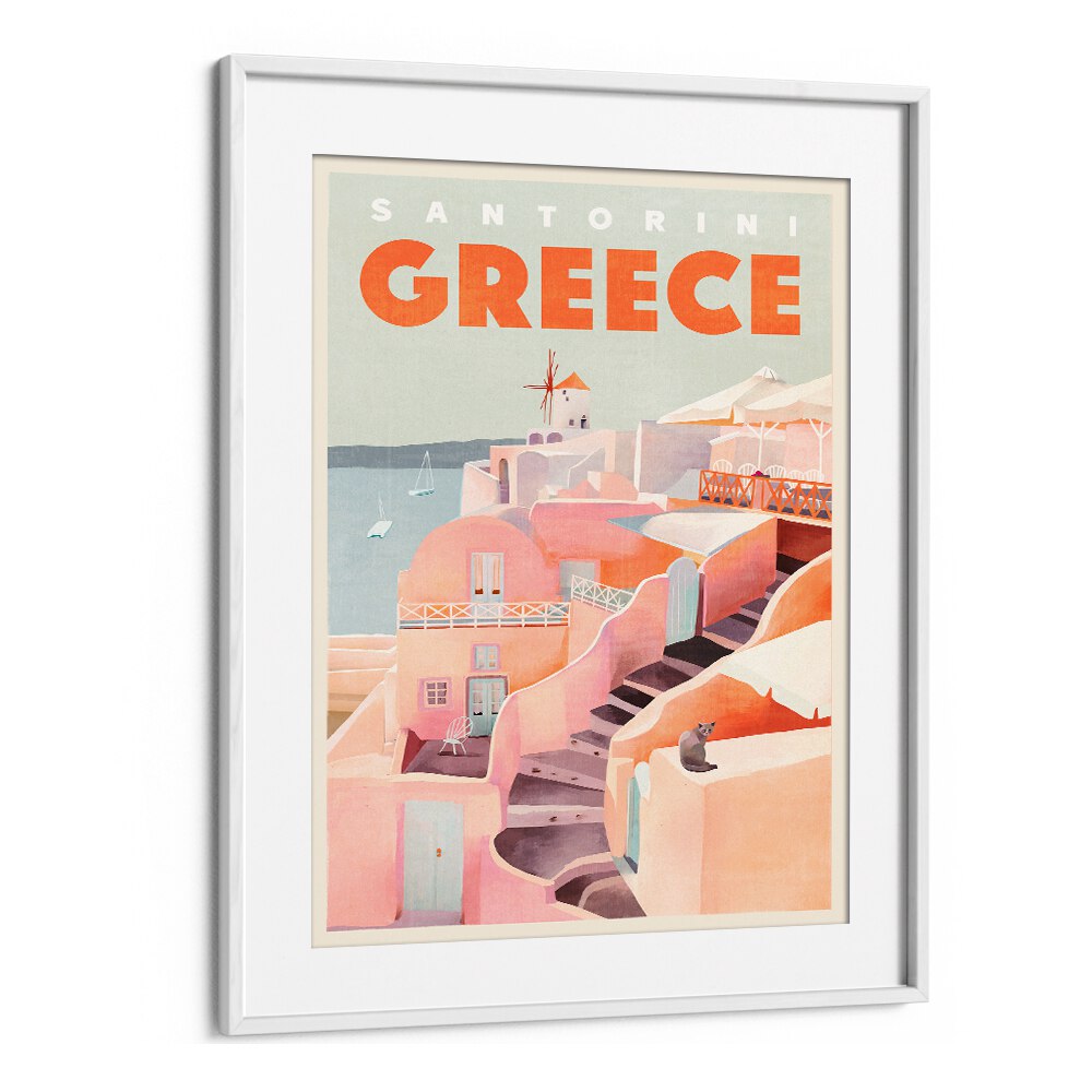 Vintage GREECE SANTORINI, TRAVEL POSTERS showcasing iconic architecture and stunning coastal views in soft colors.